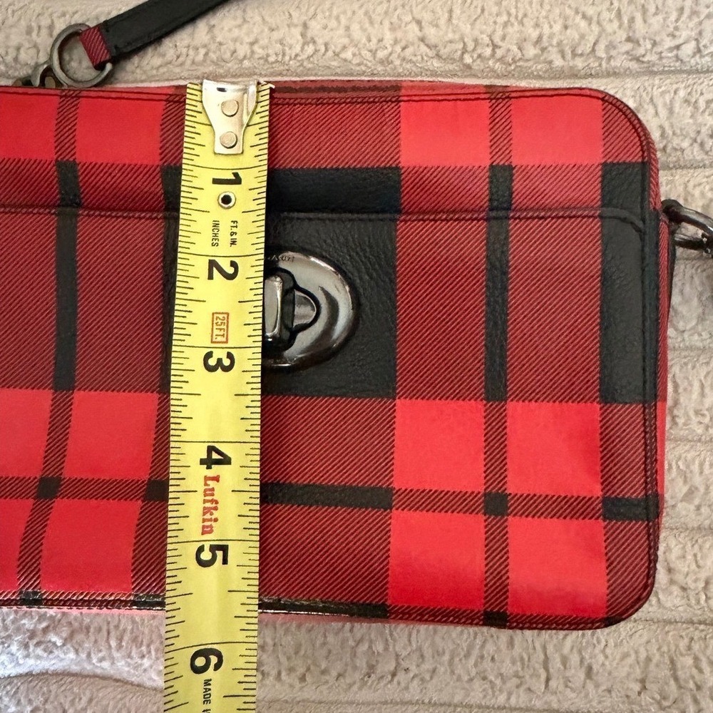 Coach Buffalo Plaid Red Black Leather Crossbody Camera Bag Gunmetal Hardware - Picture 12 of 13